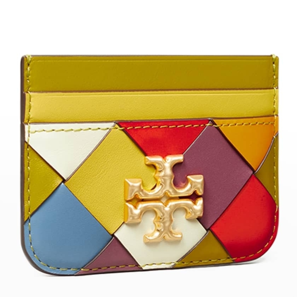 Tory Burch Eleanor Woven Multicolor Leather Card Holder with Gold Logo